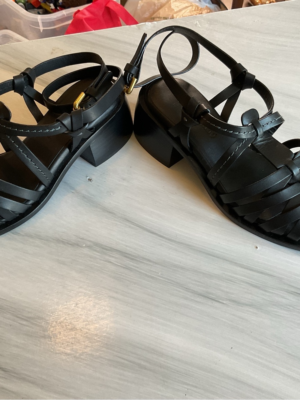 Chloe Black Strappy Leather Gladiator Sandals with Gold Buckle - Picture 3 of 7